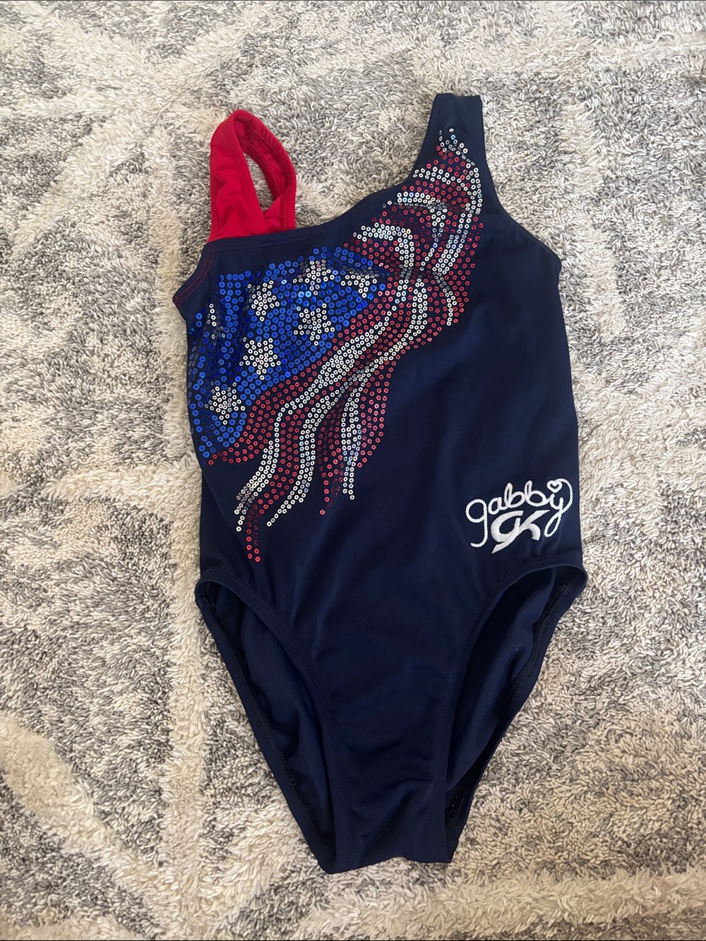 GK Kids One-Piece Navy Blue Red Sequin Flag Gymnastics Leotard